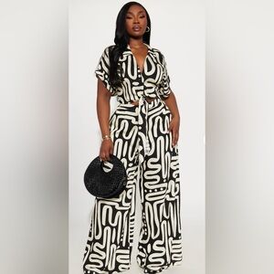 Abstract Black & Cream Wide-Leg Pants | High Waist | Boho Chic | Size 2X